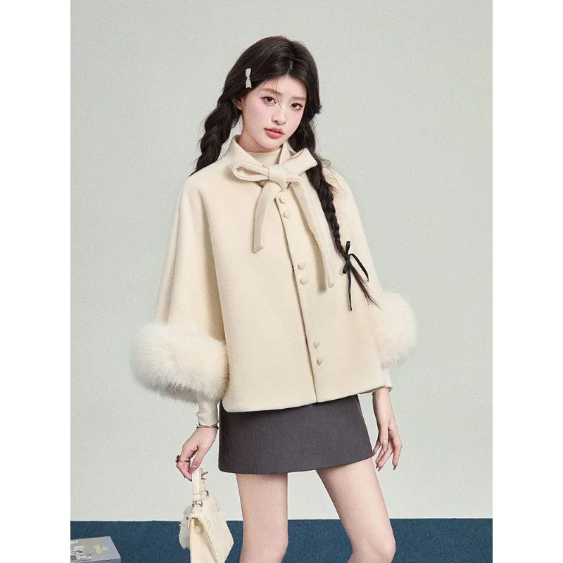 Women Preppy Style Bow Cape Coat Furry Cuff Woolen Jacket Pleated Skirt 2 Piece Outfit