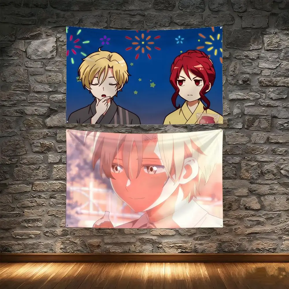 Tapiz con diseño de banderas de asesinos románticos de anime de comedia, patrón creativo, foto, arte de pared para sala de estar, decoración para fiestas y exteriores