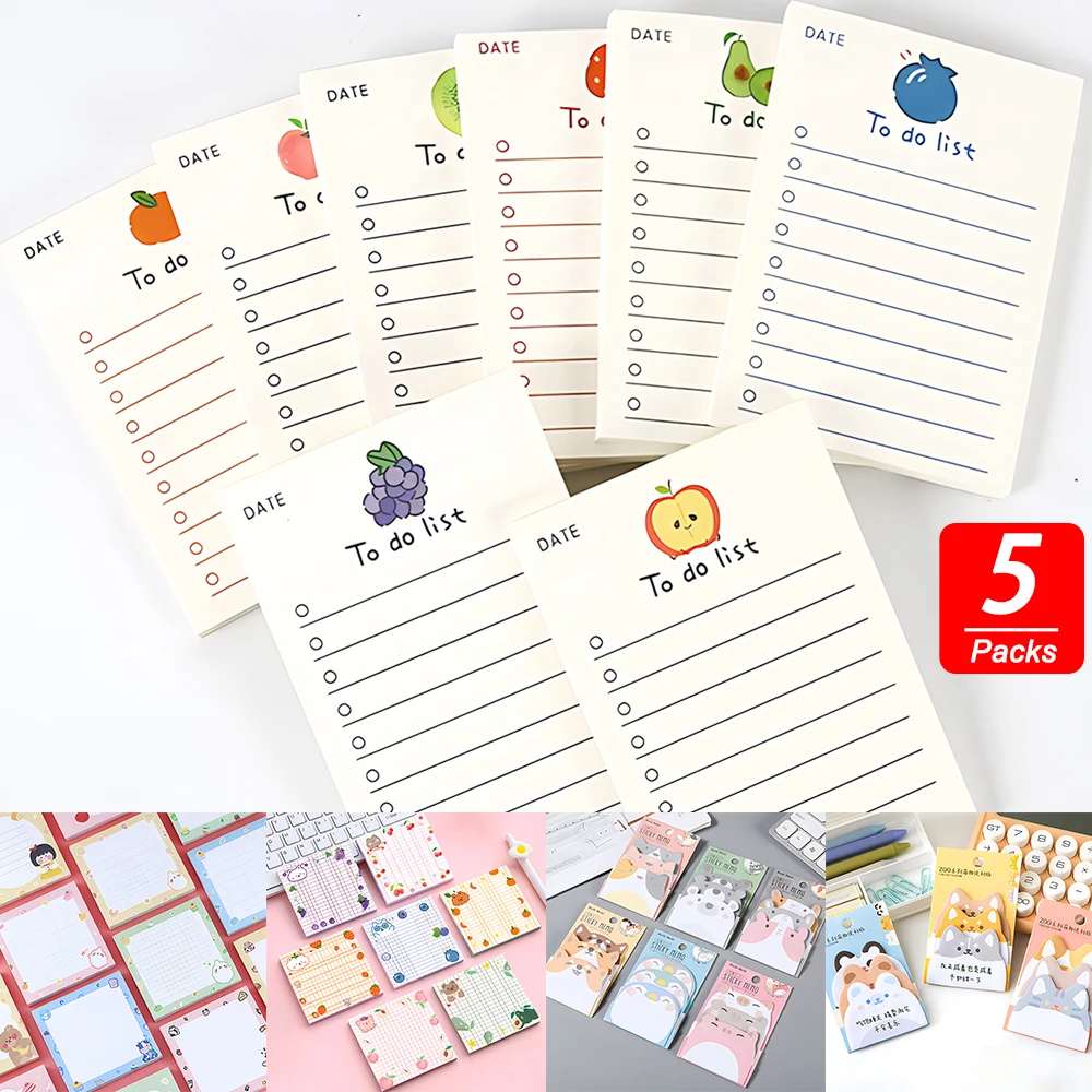 5Sets Vintage Kawaii Sticky Notes Cute Cat Bear Memo Pad Post Notepad Funny Aesthetic Stationery To Do List Index Journal Office