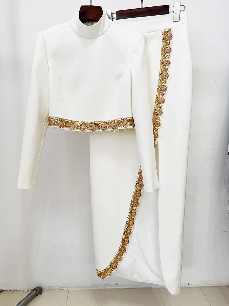 HIGH STREET New Fashion 2025 Designer Runway Suit Set Diamanti da donna Top corto con perline Gonna lunga Set 2 pezzi