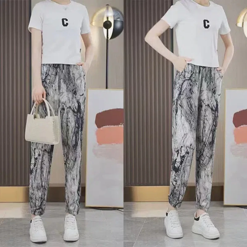 Calça de bolso feminina elástica de cintura alta, letras impressas, calça de harém casual solta que combina com tudo, emendada, moda coreana, verão, nova, 2024