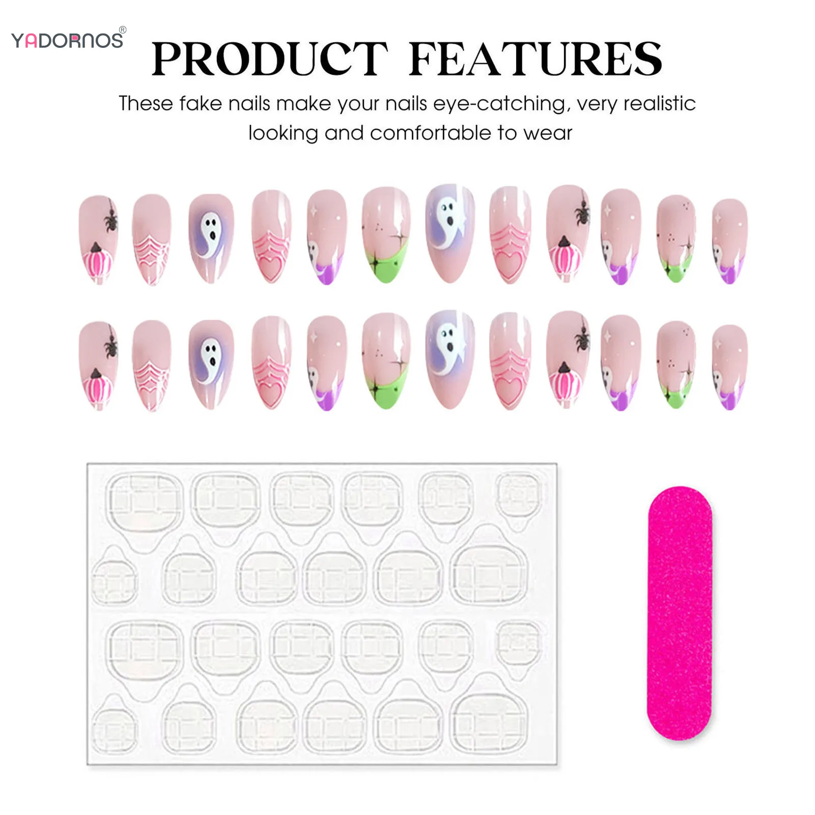 24 Stück handgemachte rosa künstliche Nägel Mandel Liebe Herz Spinnennetz Geist Designs drücken auf Nägel volle Abdeckung tragbare Maniküre für Halloween