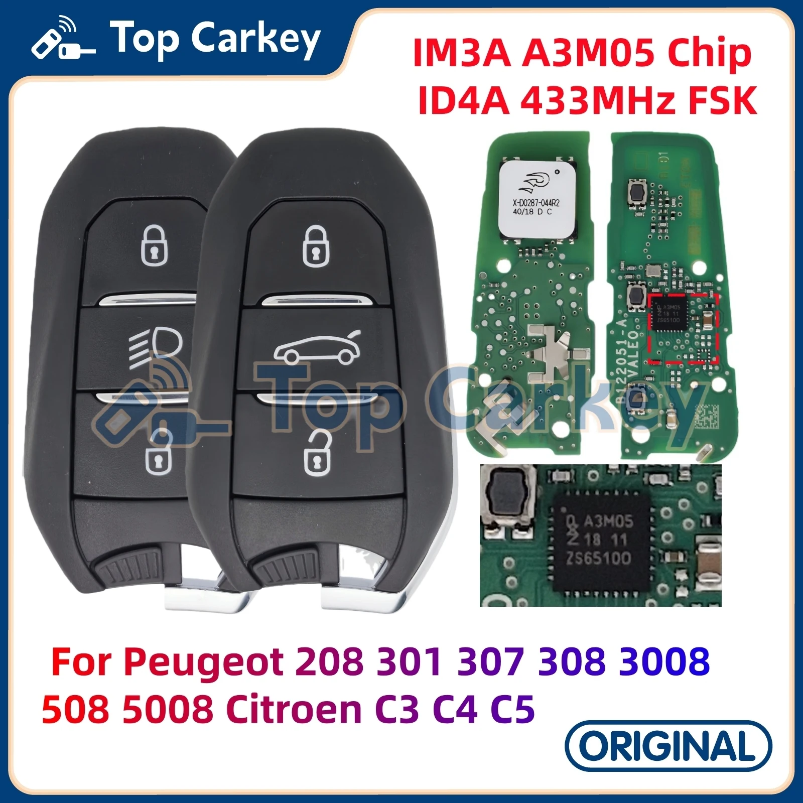 

TopCarkey Original IM3A Smart Remote Key ID4A A3M05 Chip 433MHz for Peugeot 208 308 408 508 2008 3008 4008 Citroen C3 C4 C5