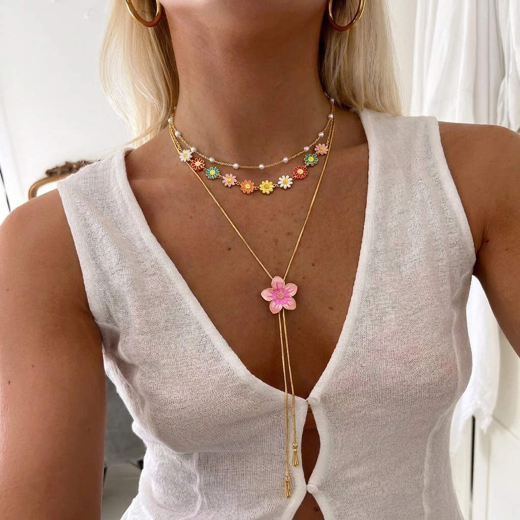Bohemian Layered Y‑Lariat Necklace for Woman Colorful Enamel Flower Crystal Bead Multichain Stackable Long Fashion Jewelry Gift