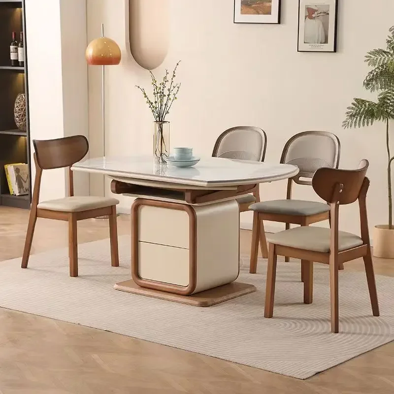 Solid wood dining table, ancient style household telescopic modern simple telescopic square and circle dual-purpose slate