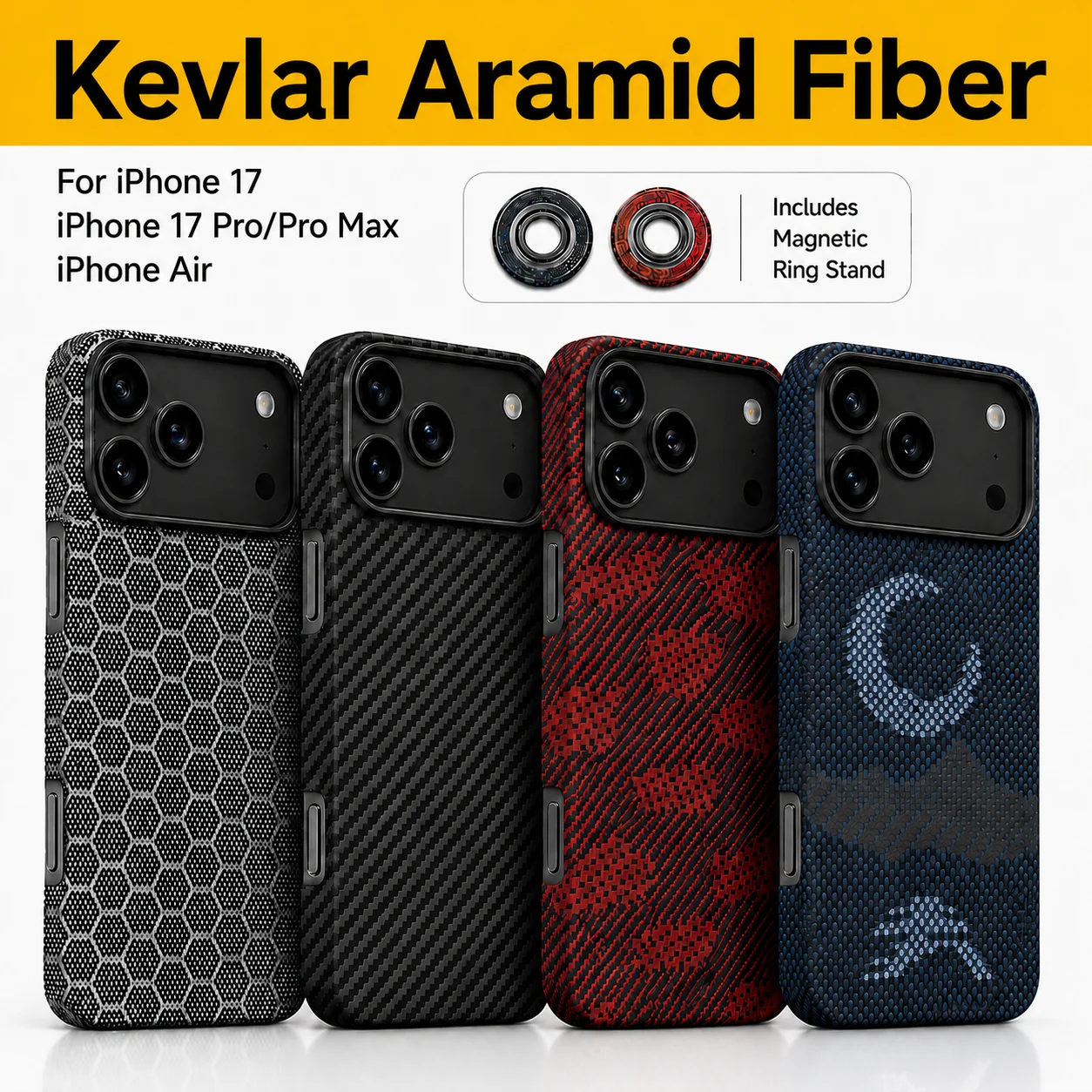 

100% Kevlar aramid carbon fiber phone case for iPhone 17/Air series featuring a metal pull ring and MagSafe magnetic design