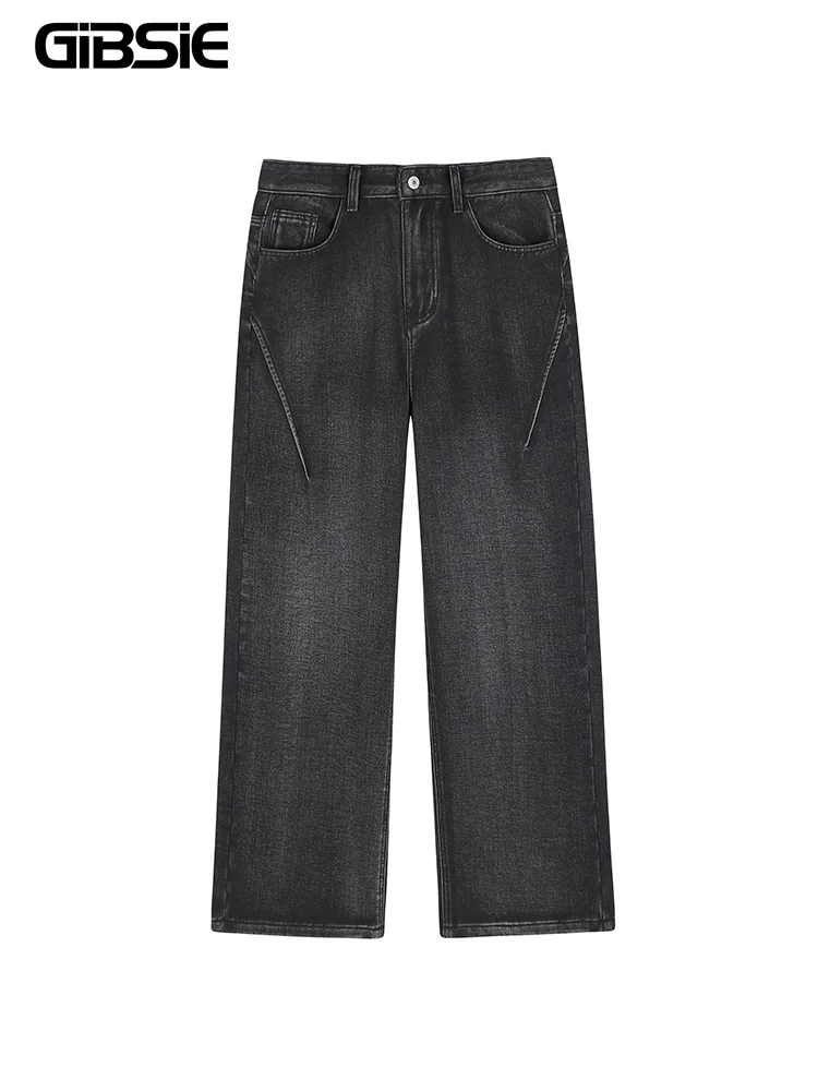 GIBSIE Plus Size Retro High Waisted Thick Fleece Jeans Women Fashion Loose Winter Warm Female Straight Wide Leg Denim Trousers