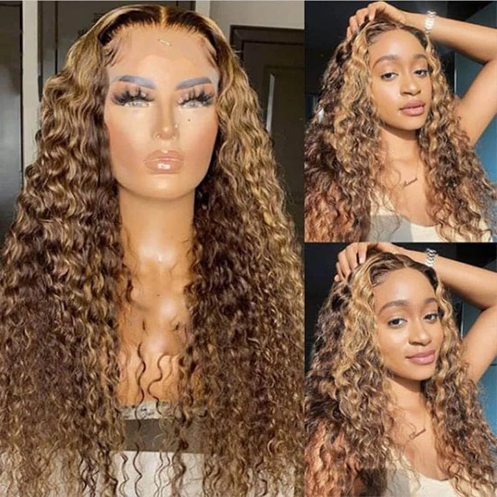 

Long 180Density Kinky Curly highlight Brown Glueless 26Inch Deep Wave Lace Front Wig For Women With Baby Hair Preplucked Daily