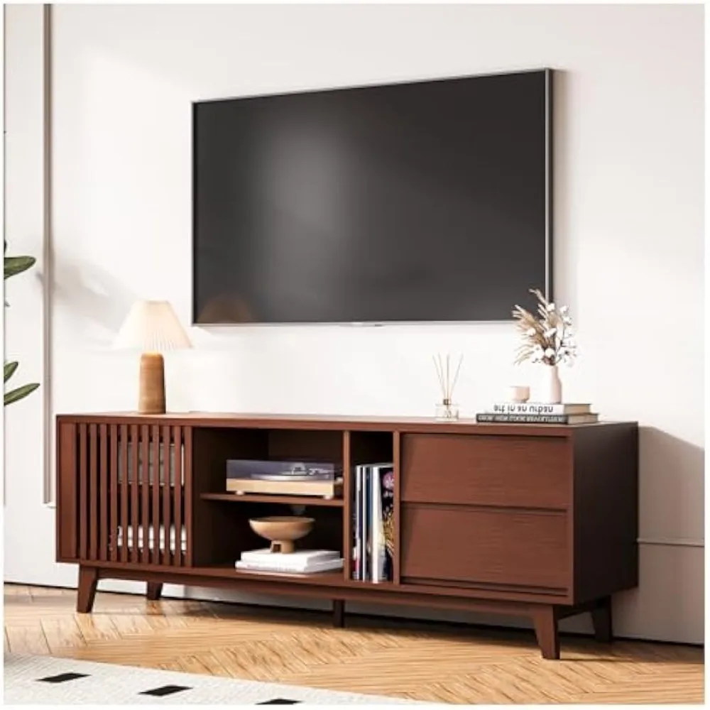 

Mid Century Modern TV Stand for 60-75" TVs - Farmhouse Slatted Door Console with Drawer & Shelf for Living Room