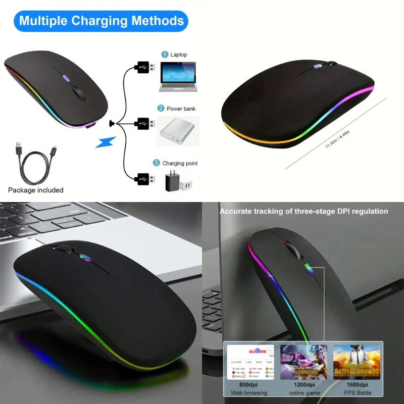 인체공학적 무선 RGB 게이밍 마우스, USB 충전식, 무소음 클릭, 조정 가능한 DPI, PC, 노트북, iP와 호환되는 다중 장치