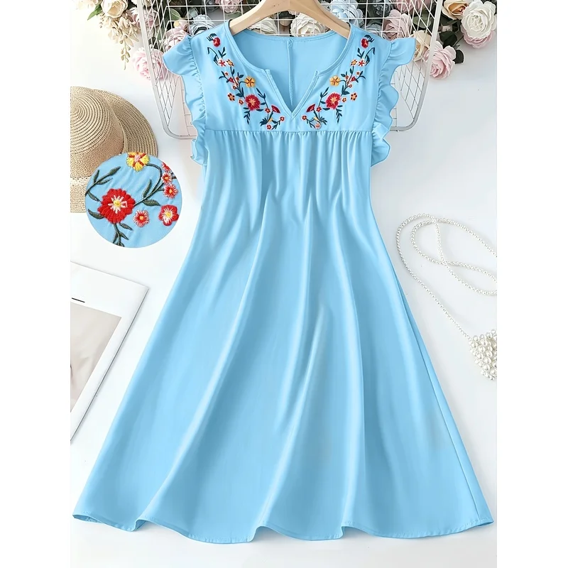 Flutter Sleeve Dress | New Summer Fashion Simple Embroidered Notched V-Neck Pretty A-Line Women