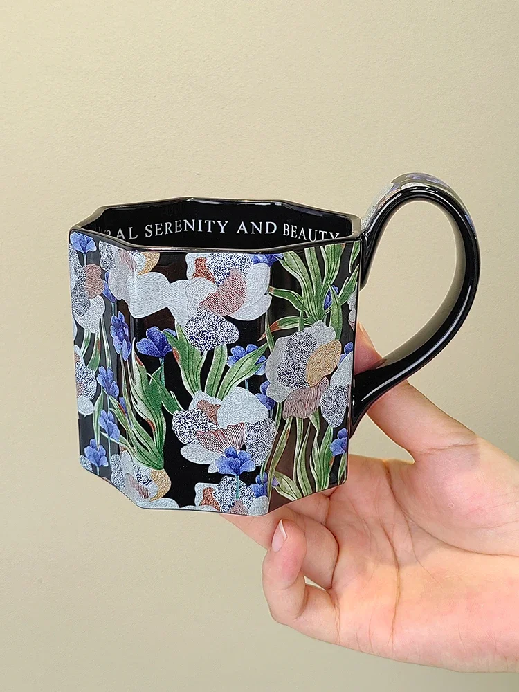 Ceramic Coffee Cup Vintage American Oil Painting Iris Coffee Cup High-grade Hand Painted Afternoon Tea Latte Mug Home Milk Mug