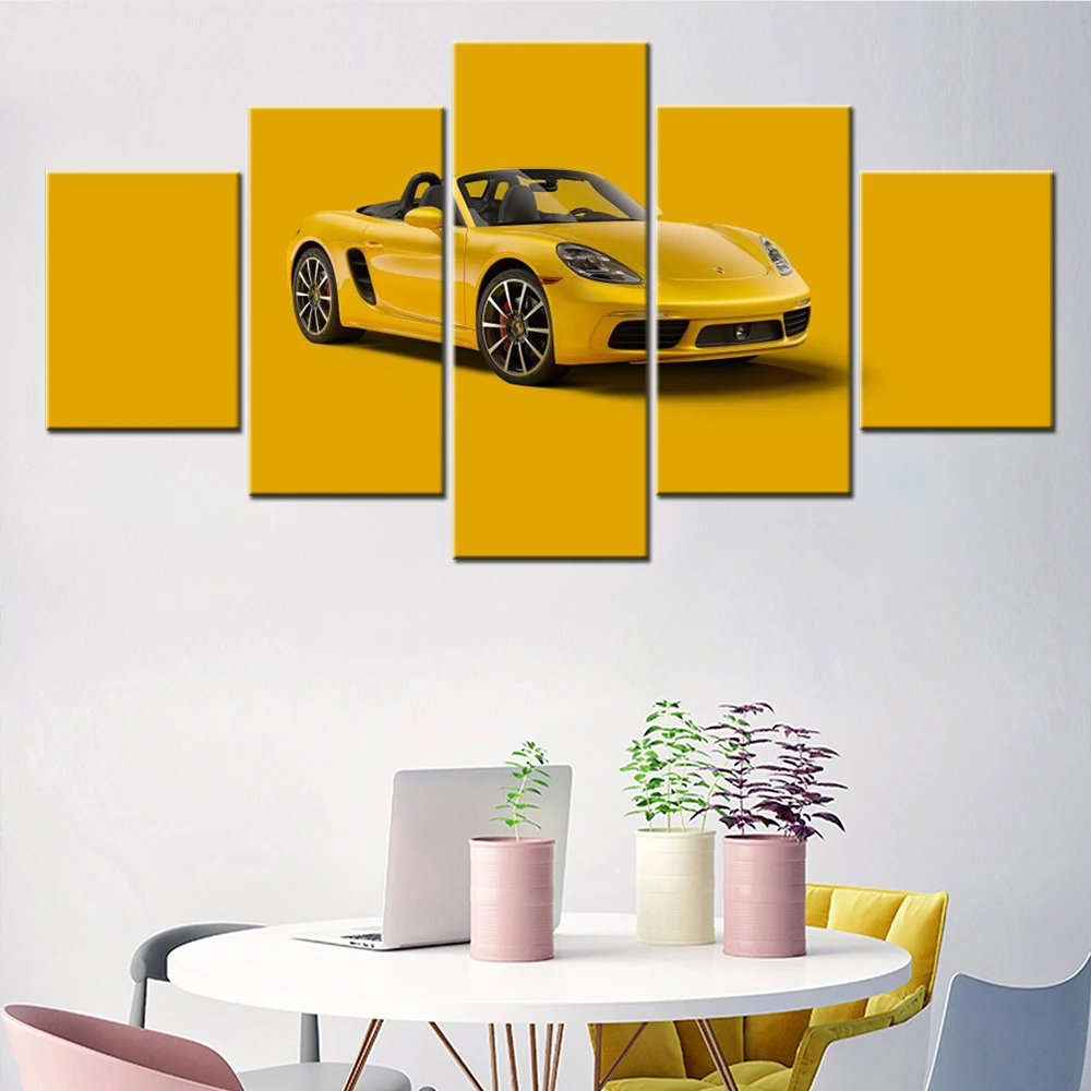 5 Pieces Canvas Wall Art Poster Painting Cool Yellow Cars 718 Boxster Yellow Aesthetic Performance Wallpaper Bedroom Home Decor
