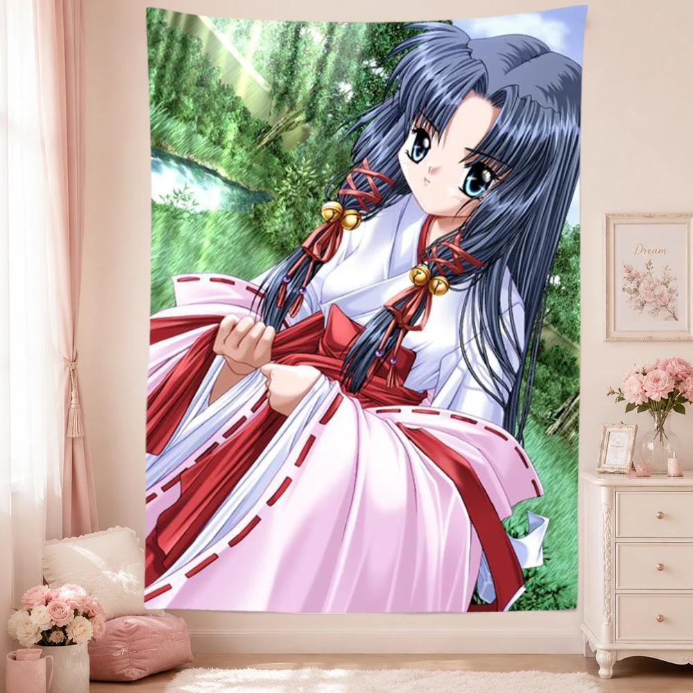 A-Air Anime Tapestry Wall Hanging Miko Shrine Maiden Girl Long Dark Hair Red White Kimono Art Bedroom Dorm Home Decor Fans Gifts