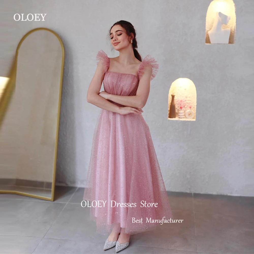 

OLOEY Sparkly Pink Glitter Tulle Evening Dresses Korea Wedding Party Dress Square Neck Ankle Length Prom Gowns Graduation