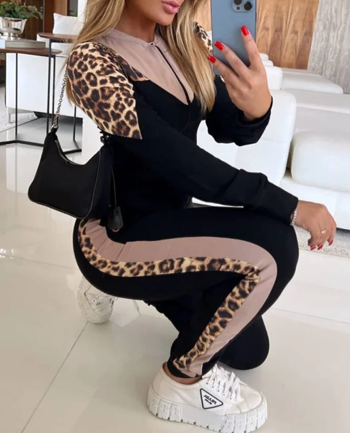 

Two Piece Set for Woman Leopard Print Stand Collar Sweatshirt & Pocket Design Cuffed Sweatpants Set Shipped Within 48 Hours