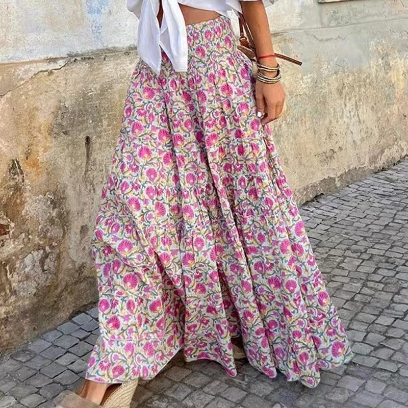 Elegant Fashion Printed A-line Women Skirts Casual New Loose Summer Long Skirt Female Elastic High Waist Ladies Skirts Clothes