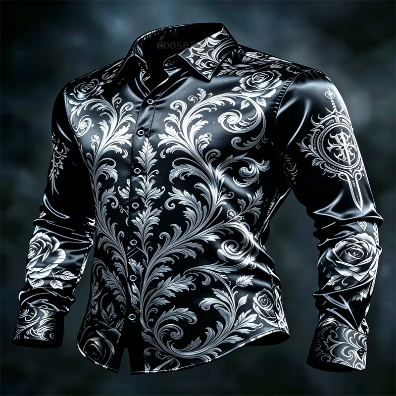 Men Satin Long Sleeve Dress Shirt Golden Baroque Rose Floral Print Button‑Down Turn‑Down Collar Male Party Banquet Formal Casual