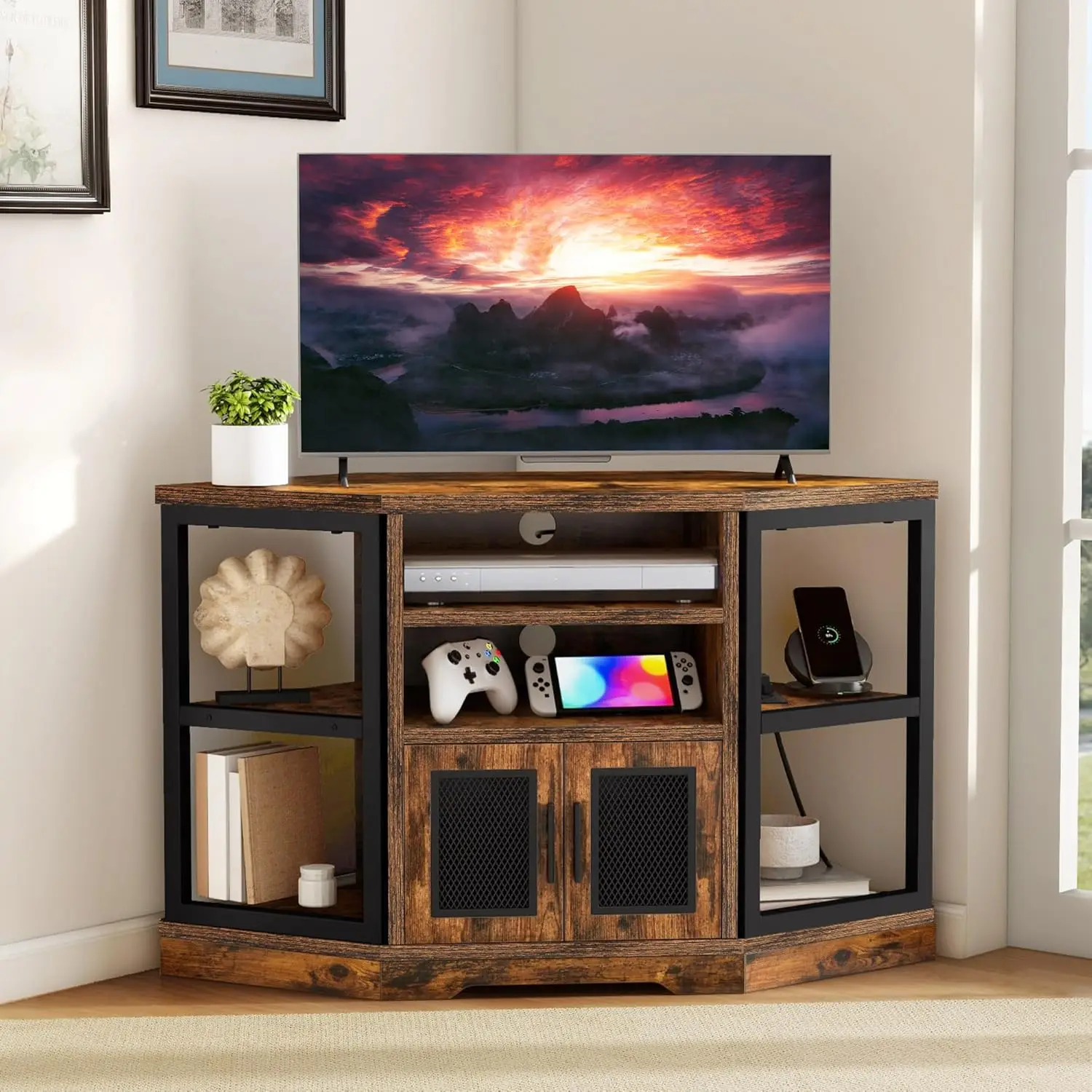 

Farmhouse Corner TV Stand for Living Room, TV Stand for 55 Inch TV,Entertainment Center Storage Power Outlet, TV Console Cabinet