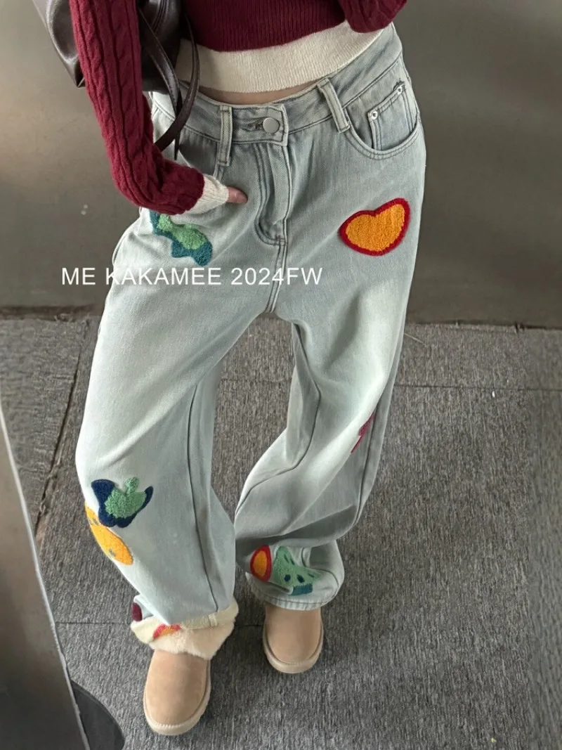 2024 Winter New American Style Denim Pants Sweet Cool Toothbrush Embroidered Fleece Thickened Long Wide Leg Straight Jeans Women