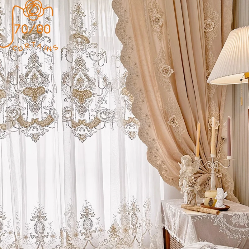 

French Rococo Lace Three-dimensional Plate Embroidery Window Screen Curtains for Living Room Bedroom French Window Villa Curtain