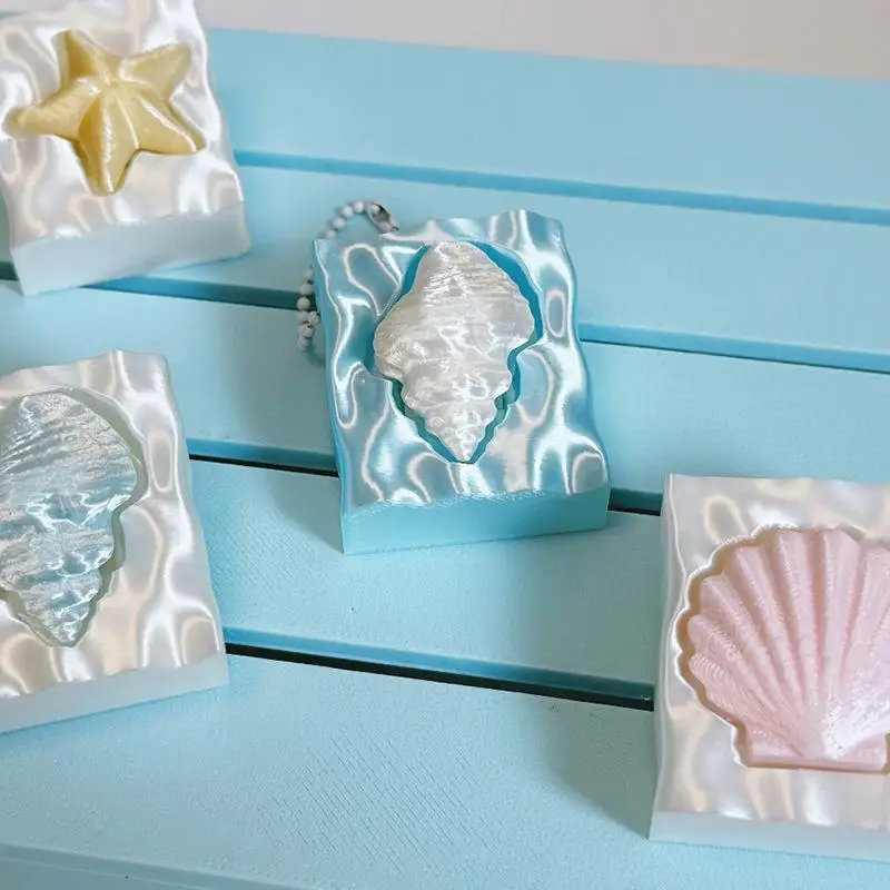 Romantic Beauty Coastal 3D Sea Star Seashell Blue Water Ripple Press Decompress Key Chain Pendant Decoration