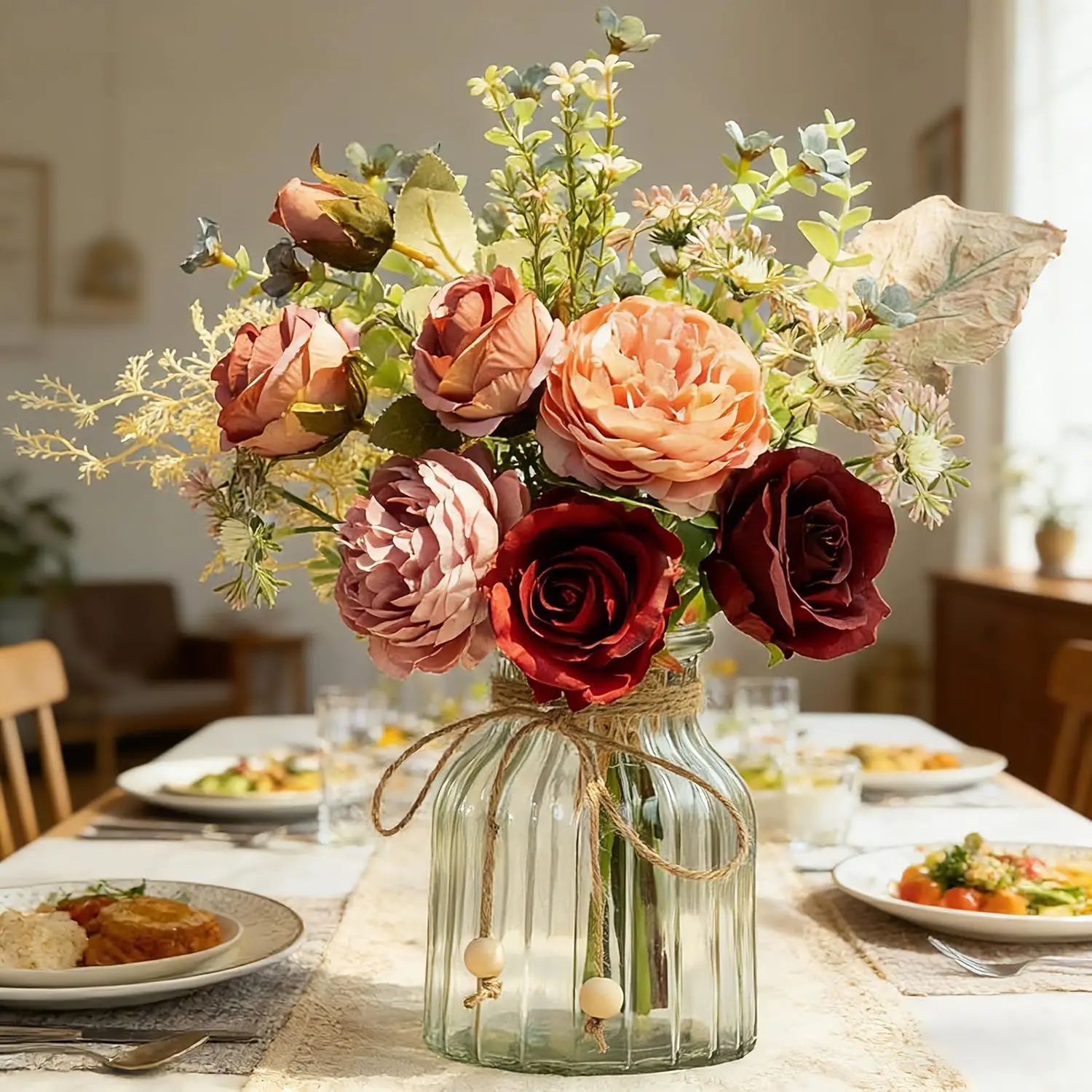 

Fake Artificial Flowers with Vase Faux Silk Flower Bouquet in Glass Vase Rose Floral Arrangements Flower for Home Office