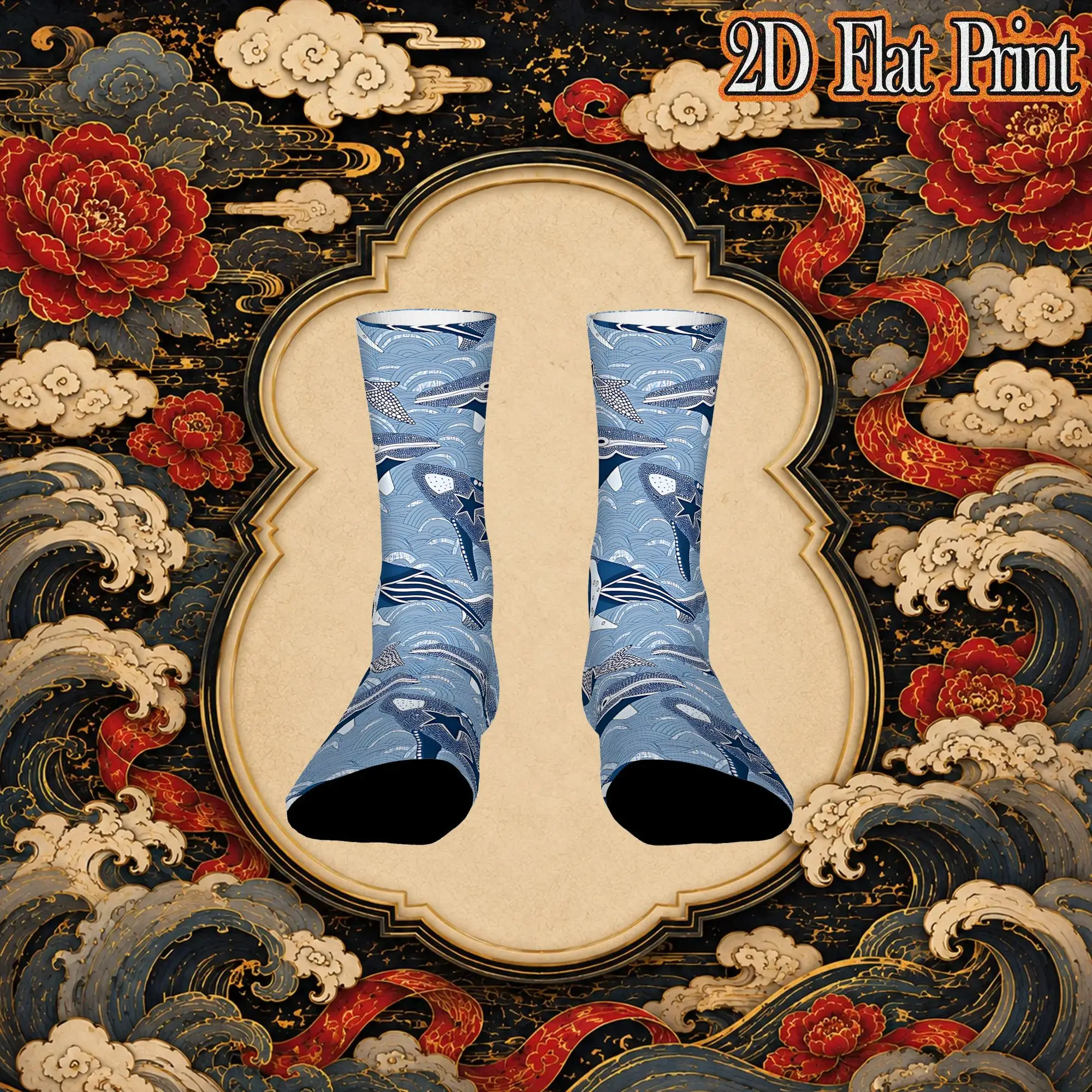 Alaskan Whales Classic Blue Vintage  Hip Hop Novelty Seamless Crew Creative Sock Sports Socks