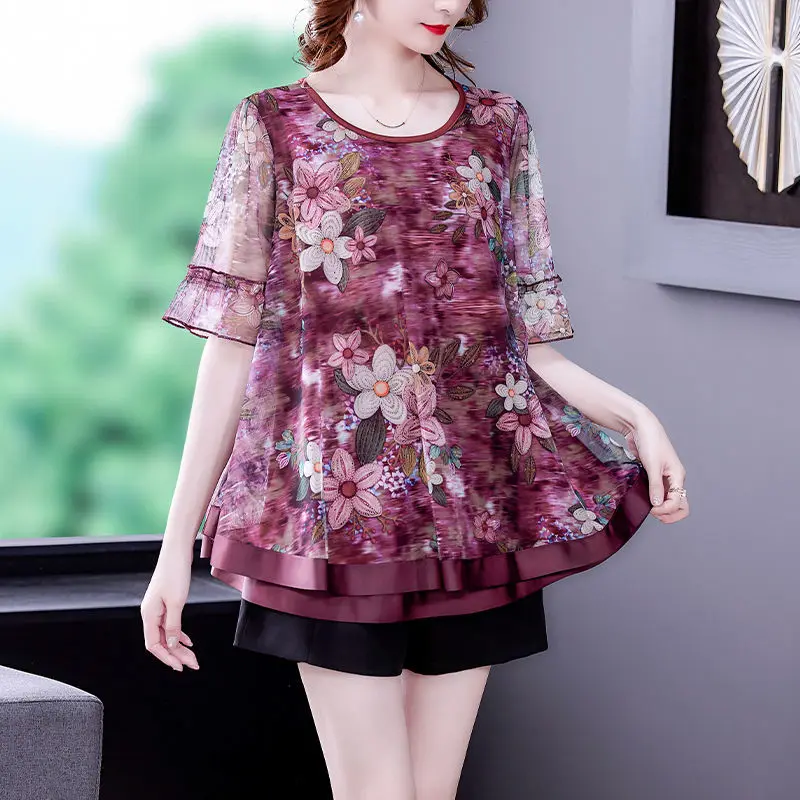 Printing T-Shirts Round Neck Floral Patchwork Short Sleeve Leisure Gauze Loose Thin Summer Korean Casual Women\'s Clothing 2023