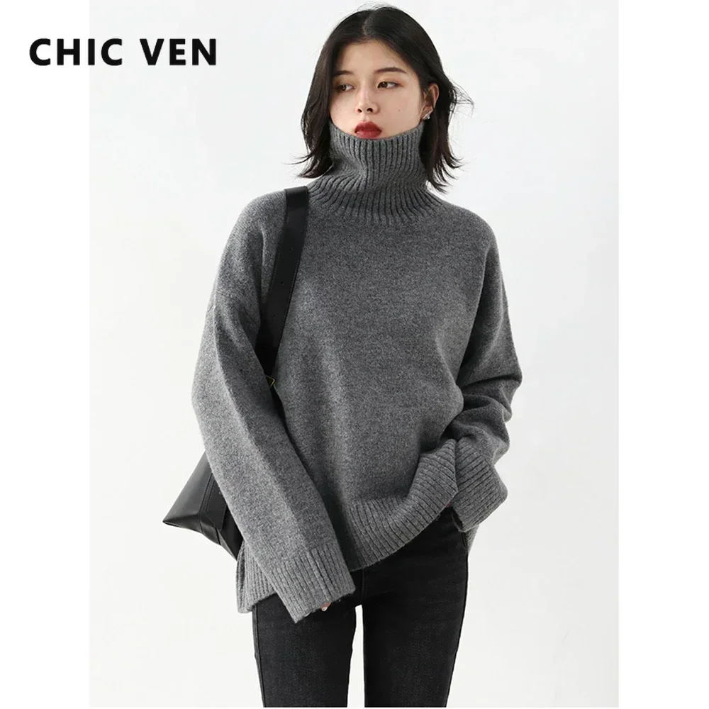 CHIC VEN Fashion Women\'s Loose Turtleneck Sweaters Warm Solid Pullover Knitwear Basic Female Jumpers Autumn Winter 2023