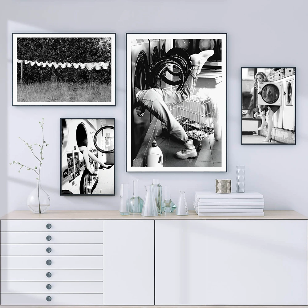 Feminis Woman And Man In The Washing Machine Poster Black And White Print Funny Wall Art Vintage Laundry Picture Wash Room Decor