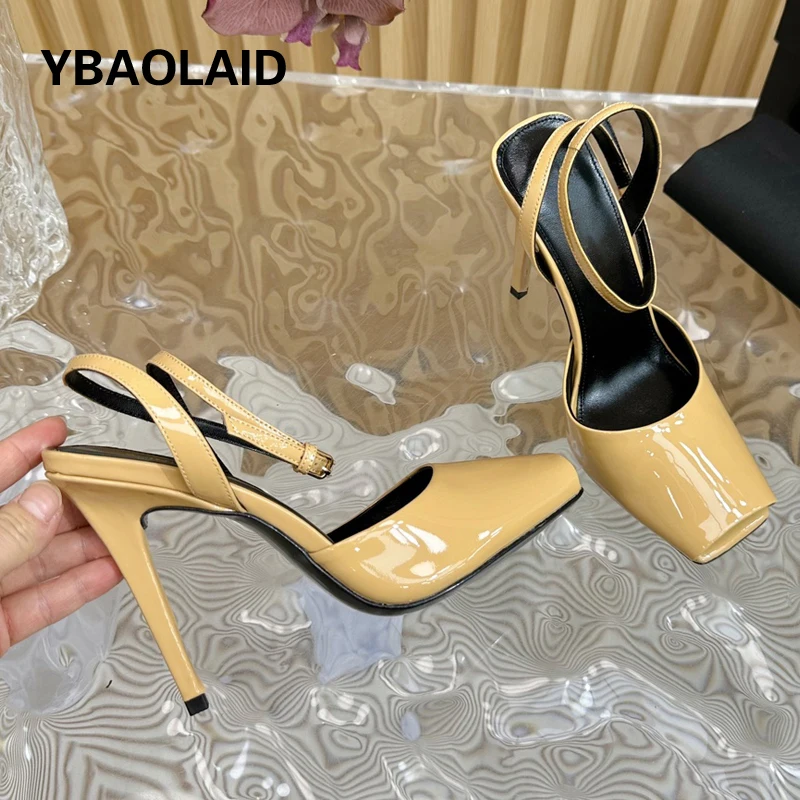 

Summer New Runway Style 10.5cm Thin High Heel Sandal Women Open Sqaure Toe Ankle Strap Women Pump Genuine Leather Stiletto Shoes