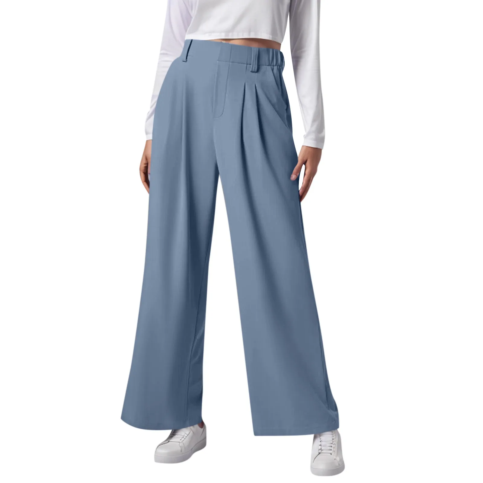 Wide Leg Pants Elastic High Waist Casual And Versatile Suit Pants For Female Simple Fashion Nine Length Trousers With Pockets