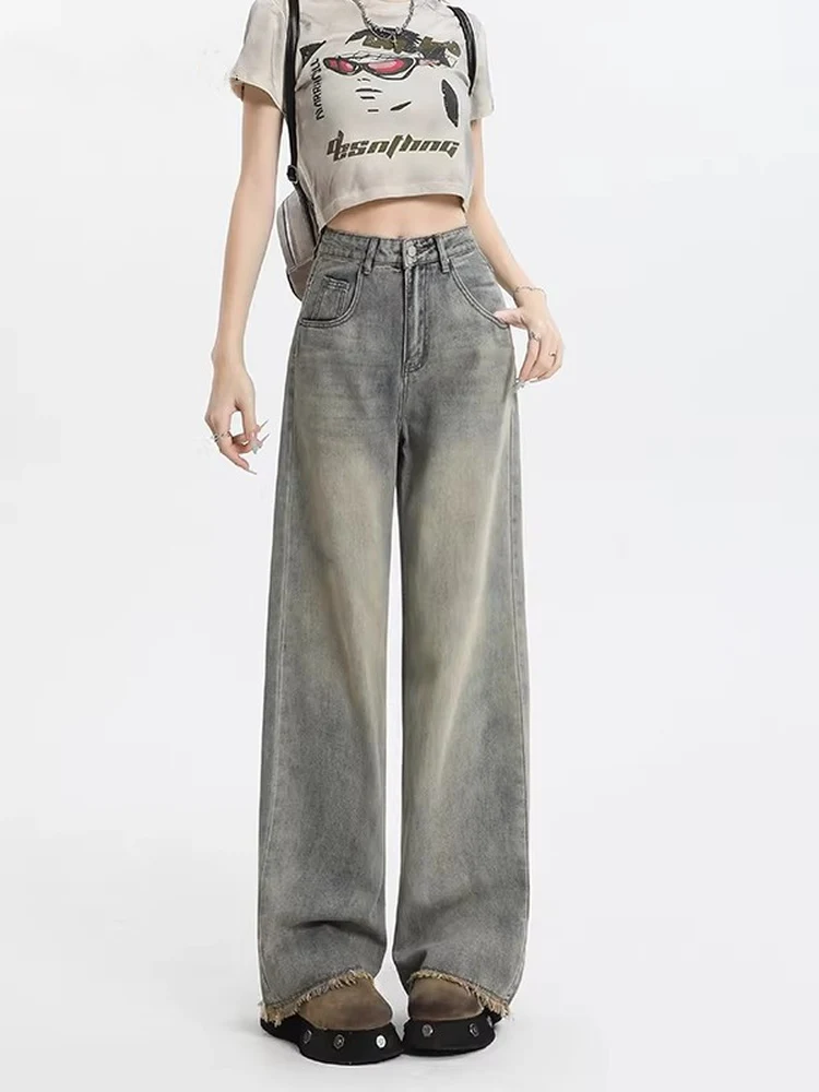 

Retro Washed Wide Leg Denim Jeans Women's Spring Summer New Loose Frayed Straight Cut Trousers High Waist Pocket Detail