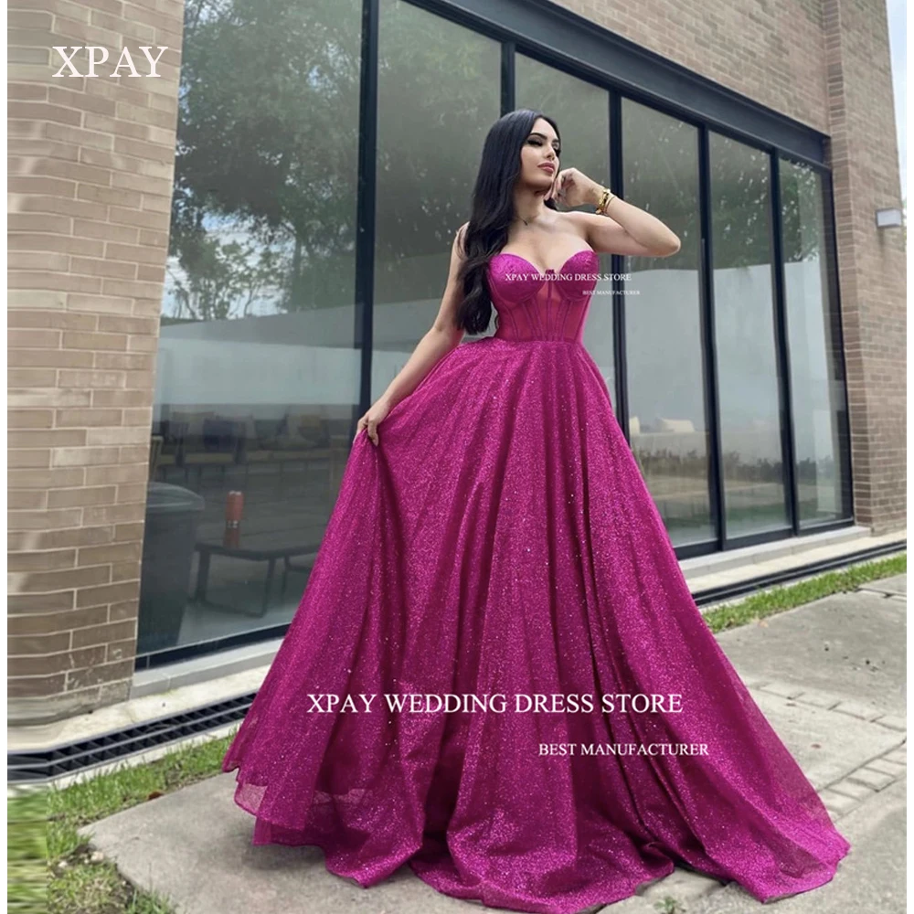 

XPAY Glitter Fuschia A Line Long Prom Dresses Sweetheart Boning Fitted Sparkly Evening gowns Long Dubai Arabic Formal Party