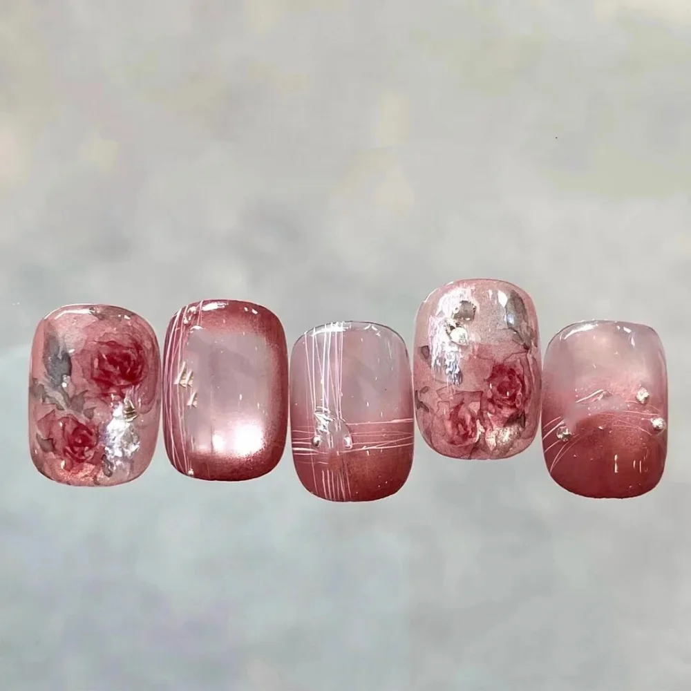 

10pcs Red Cat's Eye Handmade Fake Nails Art with Flower Glitter Design Short Ballet Press on Nails Tips Wearable False Nail
