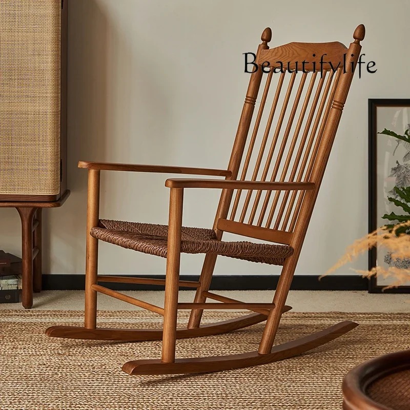 I Solid Wood Rocking Chair Rope Retro With Armrests High Backrest Designer High-end Homestay Living Room Furniture