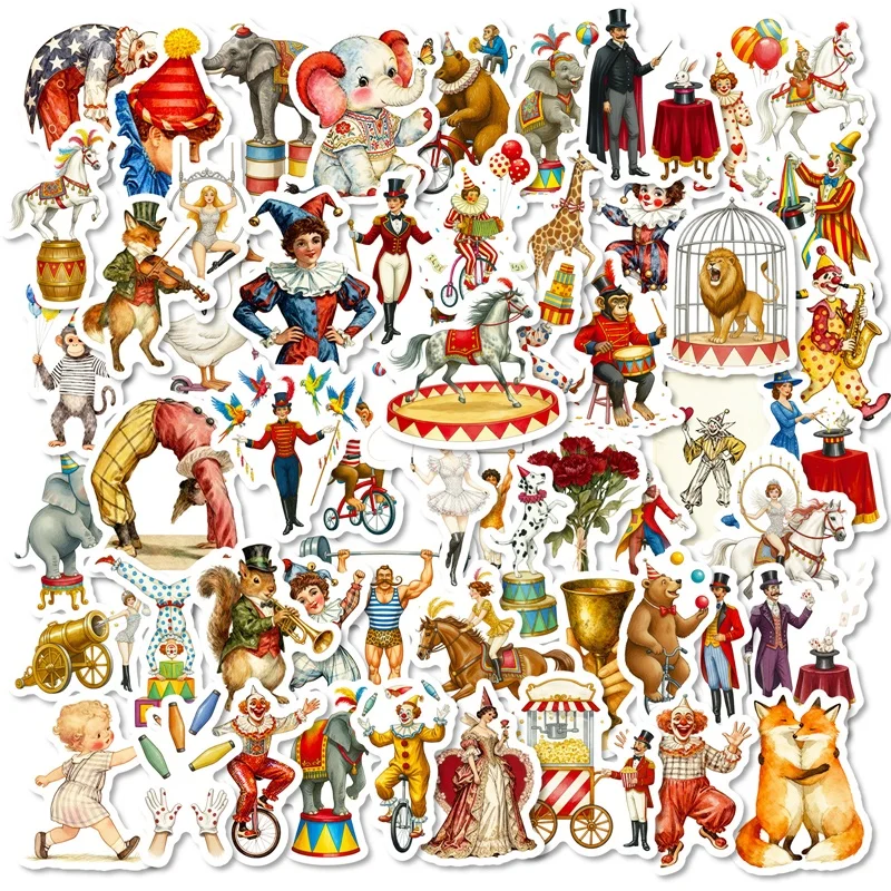 

56PCS Retro Circus PVC Sticky Sticker Aesthetic Colored DIY Decoration Phone Laptop Luggage Skateboard Graffiti Decals