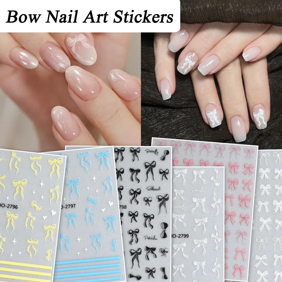 3/6/12 Blatt 3D-Nagelkunst-Aufkleber mit Schleife und Knoten, geprägtes Band, Nagelaufkleber, rosa, weiße Nagelaufkleber für Frauen, DIY-Nägel