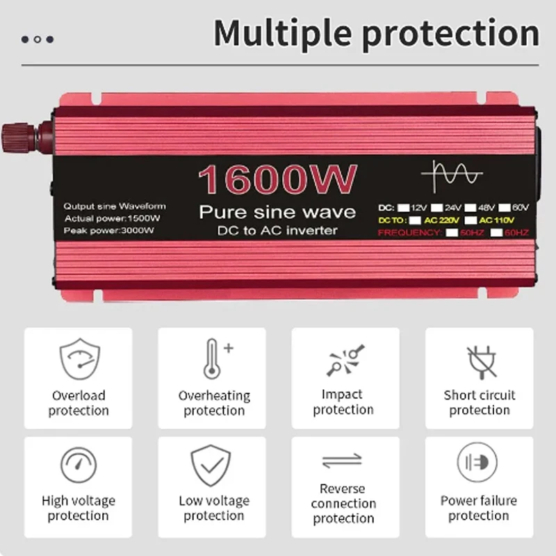 Pure Sine Wave Inverter DC 12V/24V To AC 110V/220V 1000W 1600W 2000W 2200W Portable Power Bank Converter Solar Inverter