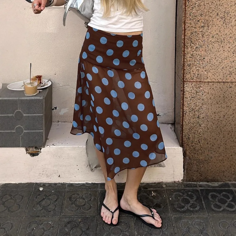Ticketsx Blue Polka Dots Skirt Women's Irregular Mesh See Through High Waist Long Skirt Female Fashion Retro Elegant Chic Skirts