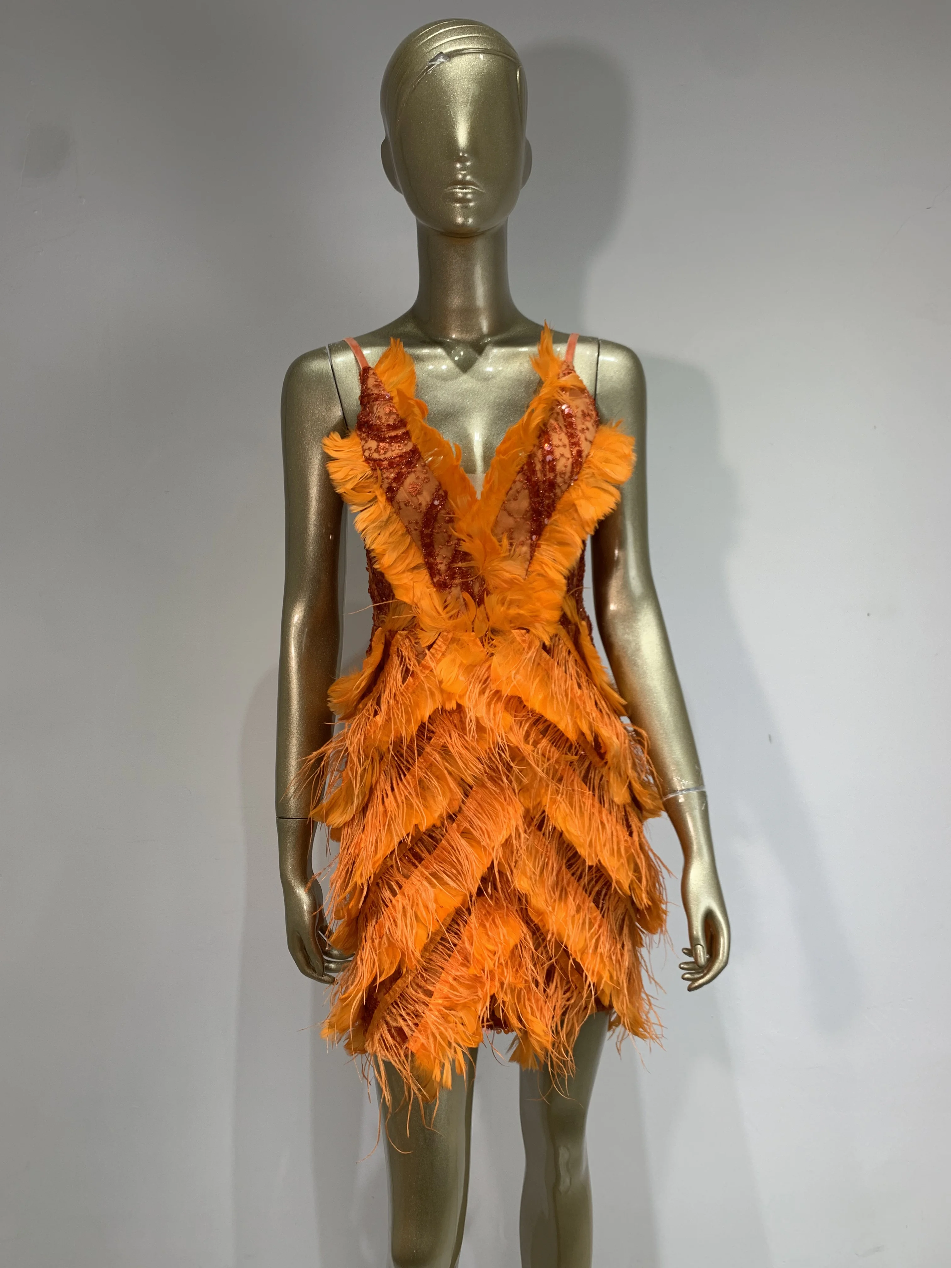 Women Summer Sexy V Neck Sequins Feather Orange Mini Bodycon Dress 2024 Elegant Party Evening Stage Performance Dress Vestido