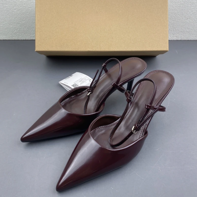 Women Summer Patent Leather Pointed Toe Slingback Sandals Stiletto Heels Elegant Bare Ankle Strap Ladies Fashion Dress Shoes
