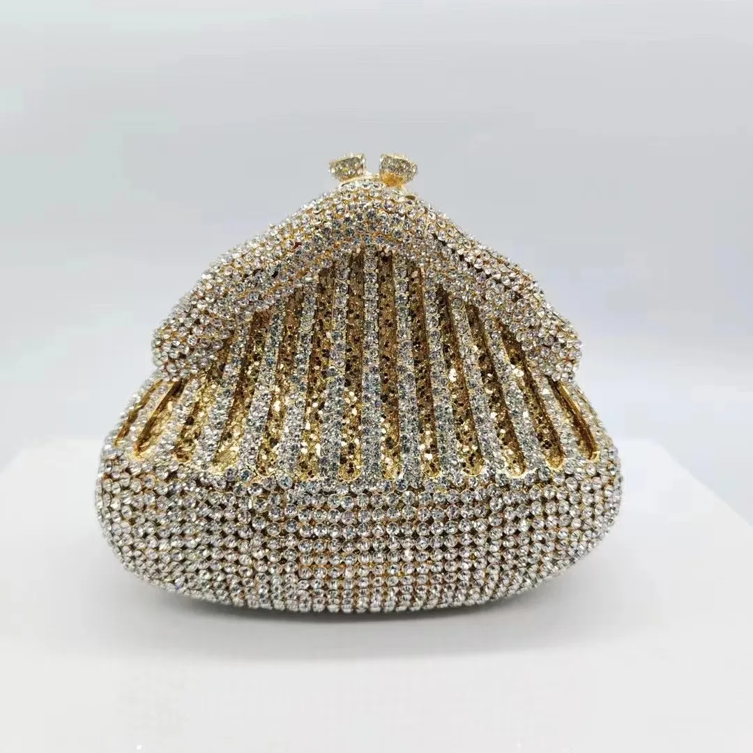 Bolso de noche de cristal para mujer, Cartera de mano de Metal dorado y blanco transparente con diamantes de imitación, para boda, fiesta, cena y