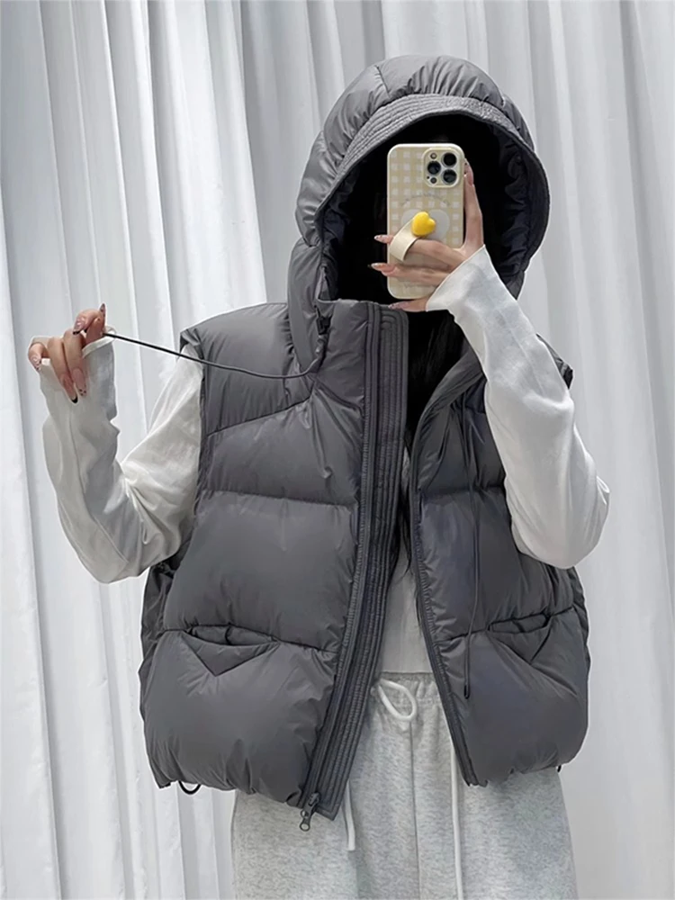 

Thiened Puff Svel Jaet Women's ort Sle Winter Clothes Hooded Cotton Vest No Sve Outerwear Soft Cotton Material
