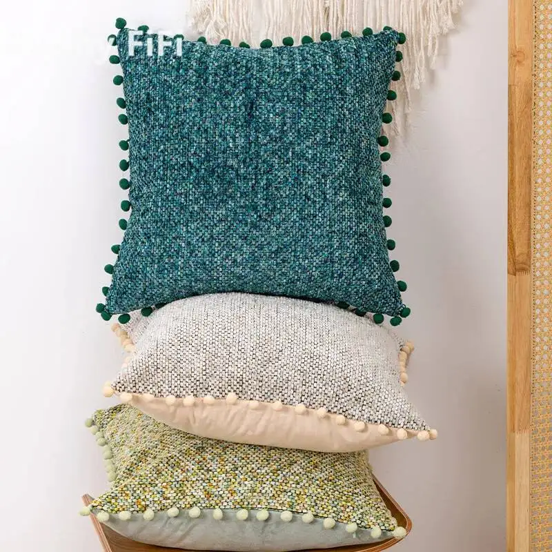 

2 шт. однотонных мягких чехлов для подушек из шенилла с помпонами, премиум-класса, декоративные наволочки для дивана, кровати, декора гостиной