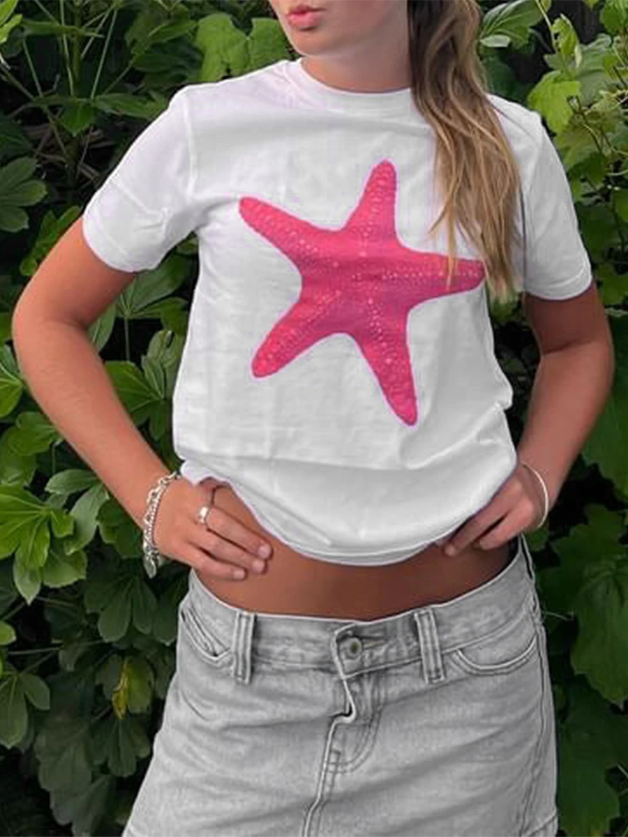 Women'S Summer Fashion T-Shirt Flower/Starfish/Pomegranate/Printed Short Sleeved Round Neck Y2K Slim Fit Top