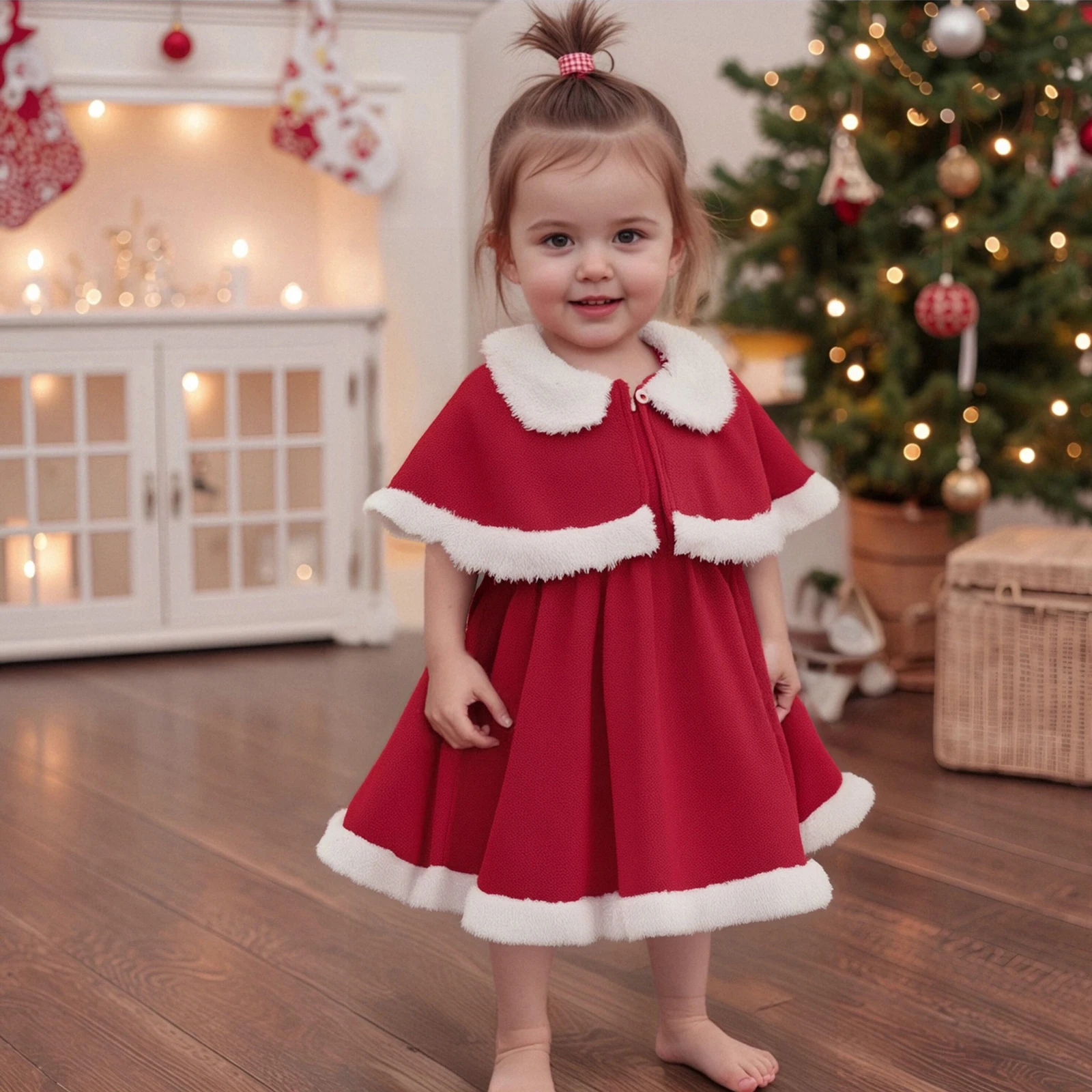 

Toddler Girl Christmas Outfit Fuzzy Trim Sweetheart Neck Sleeveless A-line Cami Dress and Cape Two Piece Winter Set