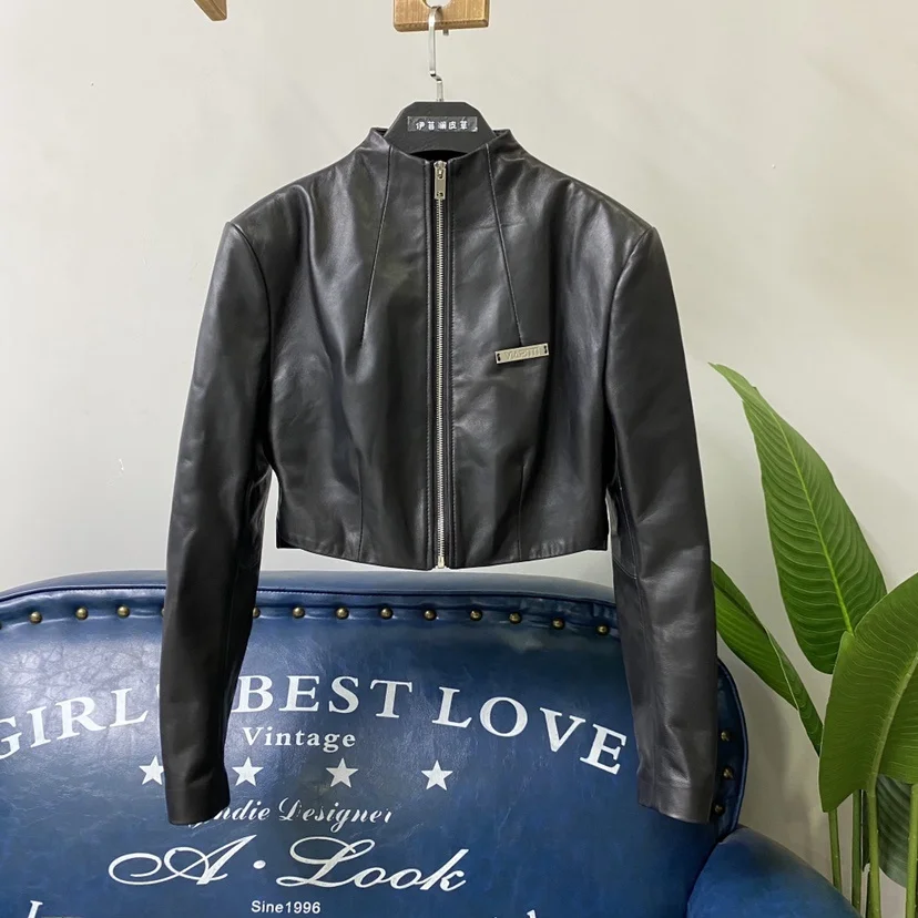 Veste en cuir véritable tendance pour femme, style motard, avec fermeture éclair, épaulettes, taille haute, en cuir de vachette, pour le travail, longue et élégante
