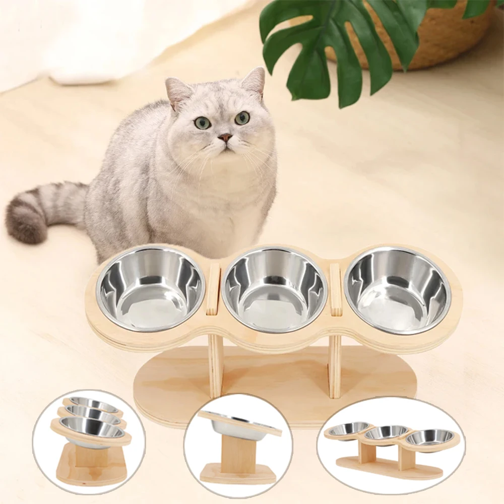 

Elevated Cat Bowls Pet Feeder Feeding Watering Supplies 15 Degree Tilted Raised Wood Rack Cat Bowl with 3 Stainless Steel Bowls